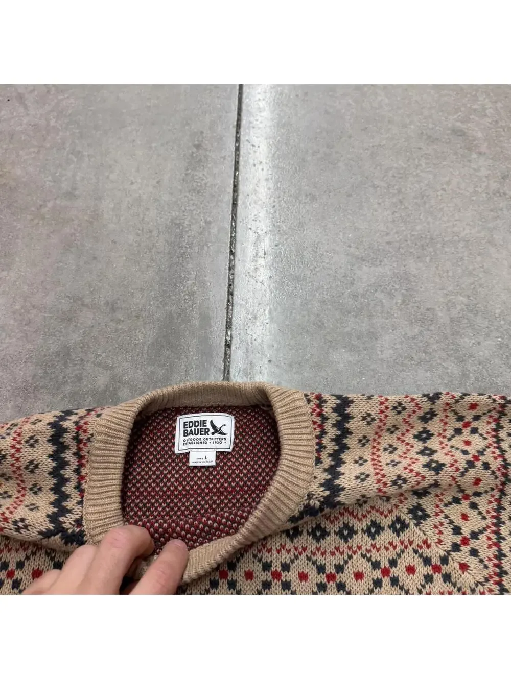 vintage eddie bauer beige brown and red striped knit sweater size large